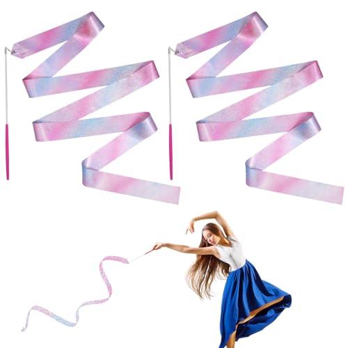 JINSIHU 2 Pezzi Nastri da Ballo, 4 m Nastro da Ginnastica Ritmica Nastri da Danza Dance Ribbons Ginnastica Ritmica Bacchetta Ginnastica Ritmica Bacchetta per Talentshow Allenamento Artistico di Danza