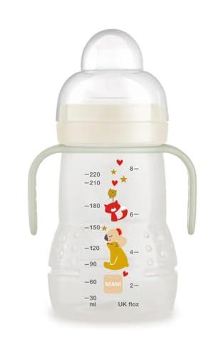 MAM Tazza Trainer Night, Con Tettarella in Silicone Skinsoft Antigoccia, Facile da Afferrare, con Manici che si Illuminano al Buio, 4+ Mesi, 220 ml, Neutro Luminoso, Notte