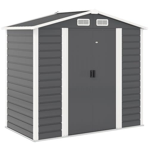 Outsunny Casetta da Giardino 2.36 m² in Lamiera d'Acciaio con 4 Prese d'Aria e 2 Porte Scorrevoli, Capanno Porta Attrezzi con Tetto Inclinato, Lucchetto e Guanti, 213x120x194 cm, Grigio Scuro