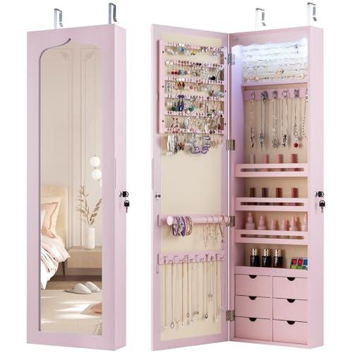 COSTWAY Armadio portagioielli con 5 Luci LED, Porta che Si Chiude, Armadio Portagioielli Montato a Muro con Specchio e 6 Cassetti, Organizer Gioielli con Tanto Spazio per Ragazze (Rosa)