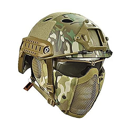 Casco Fast Tattico MH Combinato, con Protezione per le Orecchie Pieghevole Maschera a Rete Mezza Faccia e Occhiali per il Set di Giochi Airsoft Paintball CS