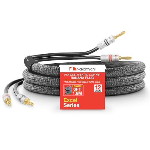 Nakamichi Excel Series Connettore a Banana Placcato in Oro 24k con Cavo degli Altoparlanti in Rame Senza Ossigeno al 99.9% (OFC) Intrecciato Robusto per Amplificatore Hi-Fi - Nero (12AWG / 6ft / 1.8m)