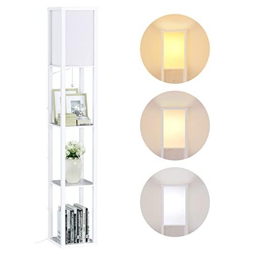 Lampada Salotto da Terra, 3000K-5000K Lampada da Pavimento in Legno con Scaffale, Lampada a Stelo 1.6M, Piantana da Terra con Presa E27 per Camera Da Letto e Soggiorno(Lampadine Incluse)