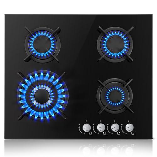 TopStrong Piano Cottura 4 Fuochi Gas, Piano Cottura Gas Vetro Incasso, Protezione Flame-Out, Gas Naturale/Propano, 8060W, Griglie in Ghisa, Nero, 220-240V