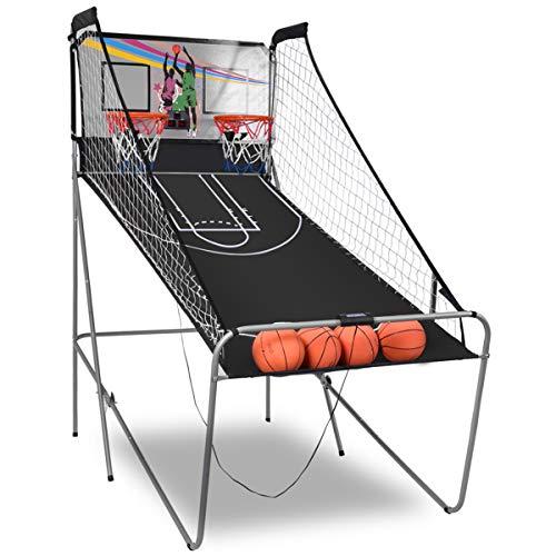 COSTWAY Macchina da Pallacanestro Elettronica, Canestro Basket da Camera a Doppio Tiro Pieghevole con Punteggio Elettronico, 4 Palle, 8 Modalità di Gioco e 2 Canestri (Grigio)