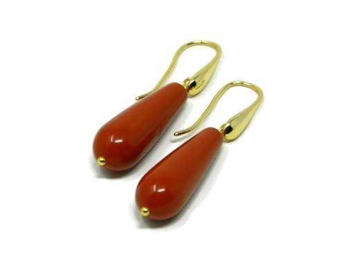 Orecchini pendenti con gancio dorato e gocce di pasta di corallo rosso Sardegna