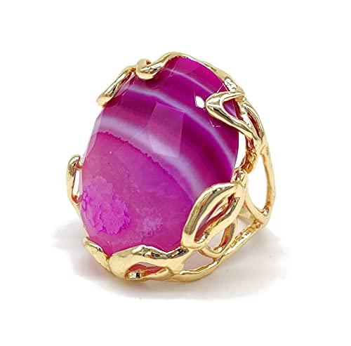 Anello regolabile con cabochon di Agata fucsia striata in bronzo, fatto a mano, pietre dure naturali