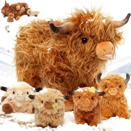 OUOZZZ Peluche Mucca Highland con Vitellino, Set Mamma e Figlio Mucca Scozzese 36cm, Morbido Giocattolo Fattoria, Regalo Bambini