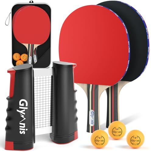 Glymnis Set da Ping Pong,Ping Pong Set da Tavolo Portatile con Rete da Ping Pong Retrattile,Racchette da Ping Pong,Palline da Ping Pong a 3 Stelle e Borsa per Riporre,Per Principianti,Professionisti