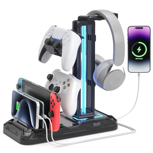 KDD Porta Cuffie da Scrivania con Supporto per Telefono - Porta Controller Staccabile con 9 Modalità di Illuminazione, Supporto Cuffie Ruotabile con Porte di Ricarica USB, Stand Cuffie Gaming, Nero
