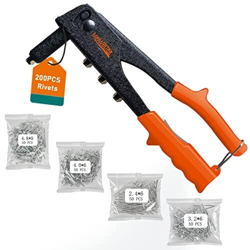 Meiwaltee Rivettatrice Manuale con 200 Pezzi Rivetti, Professionale Pistola rivettatrice robusta, 4 Misure 2,4MM-3,2 MM-4,0MM-4,8MM-Utensili per rivetti per automobili, mobili, strumenti