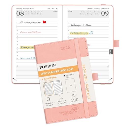 POPRUN Agenda 2026 Giornaliera Piccola, 16 x 10,5 cm, Copertina Morbida, Daily Planner 2026 Tascabile con Portapenne Autoadesivo e Nastro Segnalibro, Carta Spessa da 70 GSM, Rosa