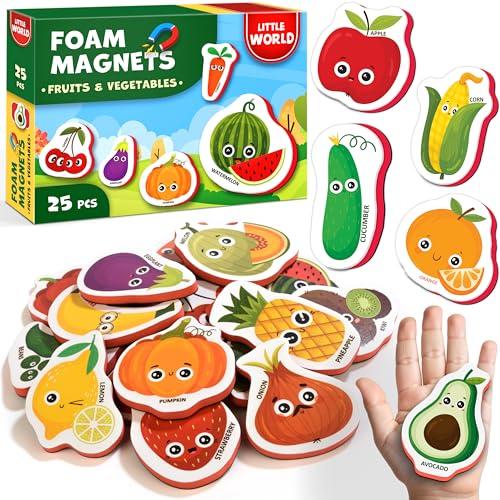 Little World 25 magneti da frigo per bambini da 1 a 3 anni, sicuri, durevoli, impermeabili, in schiuma, con scatola regalo colorata, magneti atossici per frutta e verdura, per bambini e neonati
