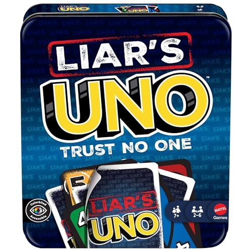 Mattel Games - Liar's UNO, nuova versione dell'iconico gioco in scatola da viaggio con bluff e trucchetti, inganna gli altri giocatori e fai dubitare i tuo avversari per vincere, 7+ anni, JLH68