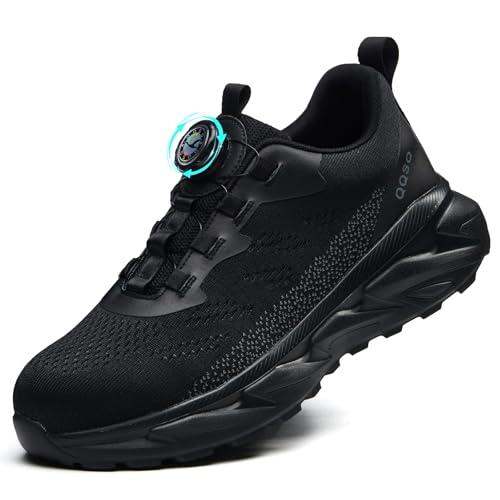 QQSQ Scarpe Antinfortunistiche Uomo Scarpe da Lavoro Donna Leggere Traspiranti Comode Sneakers Antiscivolo Scarpe Sicurezza con Punta in Acciaio Regolazione Rapida dei Lacc Nero, 43 EU