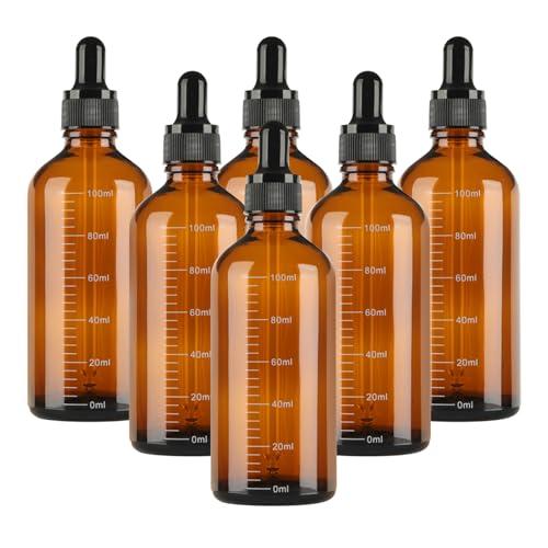 GROFIS 6 Pezzi Contagocce Vetro 100ml, Marrone Bottiglie Contagocce in Vetro, Flaconi Contagocce con 2 Imbuti 2 Pipette Contagocce 1 Adesivo, Flaconi Ricaricabili per Laboratorio Olio Essenziale