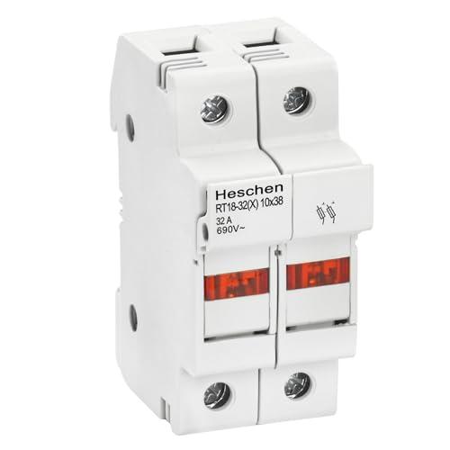 Heschen Supporto per fusibile cilindrico RT18-32(X) 32A AC690V 2 poli montaggio guida DIN per RT18 RO15 fusibile 10 x 38 mm conforme alle norme CE UL (1)