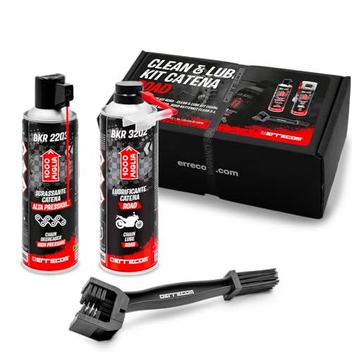 ERRECOM 1000 Miglia Clean&Lube Kit Catena Moto Road; Include Sgrassante Catena Bombola Alta Pressione 500mL + Lubrificante Catena Moto da Strada 500mL + Huggie System e Prolunga 90° +Spazzola+Guanti