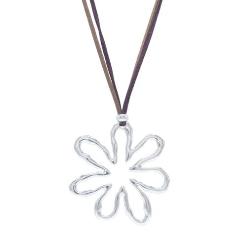 NILUXE DESIGN - Ciondolo Donna Fiore Grande Dorato Stile Bohemien - Collana Lunga con Fiore e Catena in Antelina Regolabile con Elementi in Zamak Argentato - Ciondolo Lungo(Dorato)