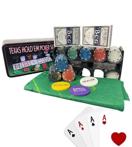 Generico Set da Poker da 200 Fiches, Set da Texas Holdem e Black Jack, Set di Fiches da poker con Tappetino Carte da gioco Porta Fiches, Bottoni Dealer Buio, Set in Scatola di Latta