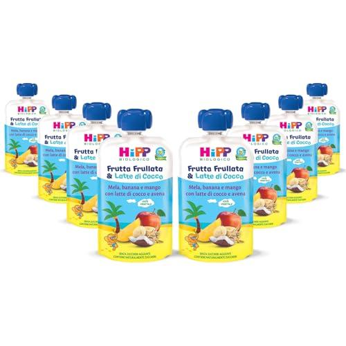 HiPP - Frutta Frullata e Latte di Cocco Bio, Purea per Bambini al Gusto Mela, Banana e Mango con Avena Integrale, Senza Zuccheri Aggiunti, 8 Confezioni da 90 gr