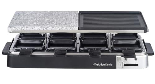 Melchioni Family | Set Piastra e Pietra con Raclette 8 Persone, OLIMPIA, con Piastra Liscia, Grill e 8 Vaschette Raclette, Termostato Regolabile, 1200 W