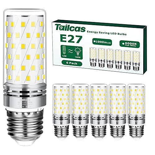 Tailcas Lampadine LED E27 12W 6 pezzi, 1000lm Mais Lampadina E27, Bianco Freddo 6000K, Equivalente 100W Lampada Alogena, Non Dimmerabile Nessun Sfarfallio Risparmio Energetico Lampade(Luce Fredda)