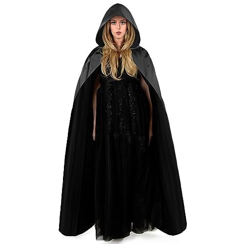 Aomig Mantello di Nero, Mantello Halloween con Cappuccio Lungo Capo Costume, Mantello da Vampiro per Adulti di Travestimento, Halloween, Feste in Famiglia,150cm