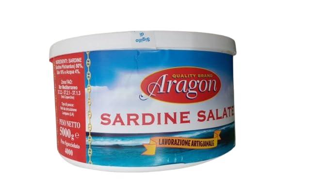 SARDE SALATE ARAGON KG 5 PESO NETTO E SGOCCIOLATO KG 4 PRODOTTO IN ITALIA SICILIA AG
