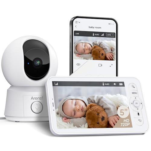 ARENTI 1080P Baby Monitor Video e Audio, Telecamera Bambini con Monitor 5'', Rilevamento di Rumore/Movimento/Zone Pericolose, Monitoraggio Temperatura, Audio Bidirezionale, Compatibile con Alexa