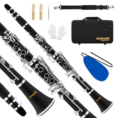 SONICAKE Bb Clarinetto per Principianti, Clarinetto in Ebanite Nichelato con Barilotti, Ance, Bocchino Originale, Custodia Rigida QCR-01