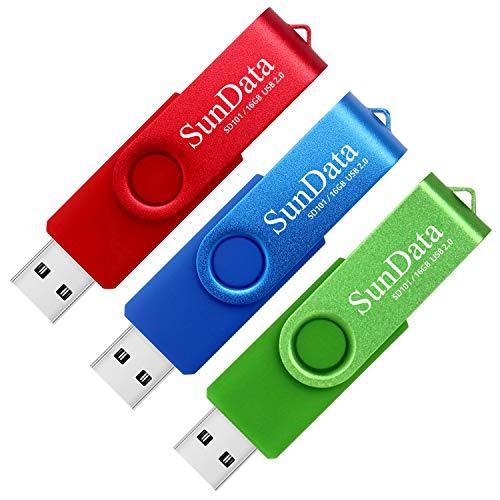 SunData Chiavetta USB 16GB 3 Pezzi PenDrive Girevole USB2.0 Flash Drive Thumb Drive Memoria Stick per Archiviazione Dati con Luce LED (3 colori: Blu Verde Rosso)