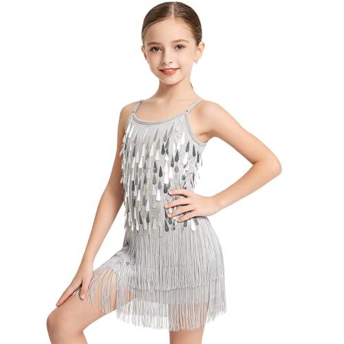 LOLANTA Paillette Frange Danza Costume Bambina, Abiti Ballo Latino Salsa Rumba Bambini, Mini Abito Completo Ballo Senza Maniche con Nappe e Pantaloncini, Argento, 11-12 Anni, 160