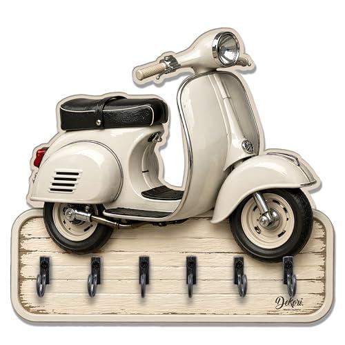 DEKORI Portachiavi da Parete Scooter Vintage Bianco in Legno – Appendichiavi da Muro 6 Ganci Metallo – Decorazione Ingresso Casa Stile Retrò Italiano – Organizer Chiavi Parete – Made in Italy