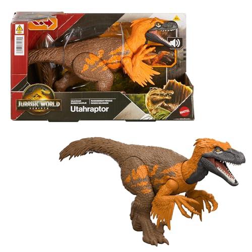 Mattel Jurassic World La Rinascita Utahraptor Ruggito Selvaggio, dinosauro giocattolo con attacco multidirezionale azionato con la coda e suoni, snodato, gioco digitale, JGC80