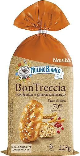 Mulino Bianco BonTreccia, PanBrioscé con Frutta, Farina Integrale e Grano Saraceno, Snack Per Colazione o Merenda, Fonte di Fibra, Confezione da 9 Merende da 225g