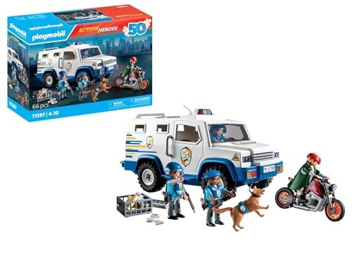 PLAYMOBIL Action Heroes 71597 Furgone Portavalori, inseguimento mozzafiato, tra cui tre poliziotti, un ladro in moto e un cane poliziotto, giocattolo per bambini dai 4 anni in su