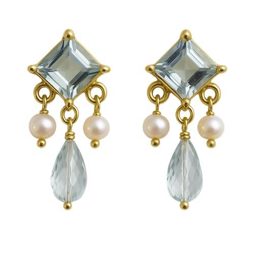 Orecchini pendenti lunghi in argento sterling placcato oro con topazio blu e perle coltivate d'acqua dolce - Pietra preziosa naturale - Regalo di compleanno
