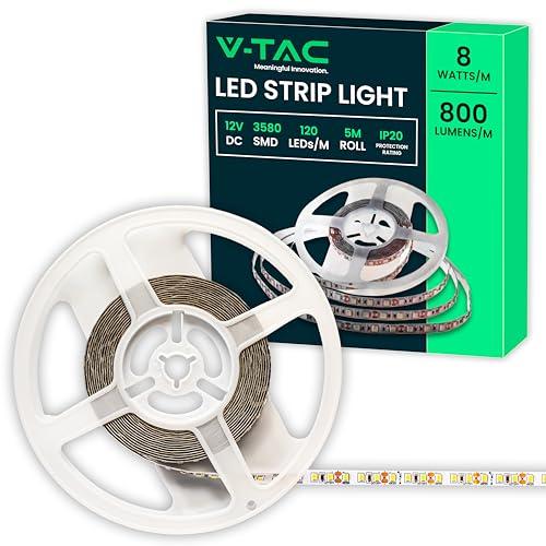 V-TAC Striscia Led da Interno 8W - [ 5 METRI ] - Striscia LED ADESIVA per Casa, Cucina, Camera, Ambienti, Sotto i Mobili - SMD 3528 - Nastro LED Luminosità 800 Lumen - 12V - Luce Naturale 4000K