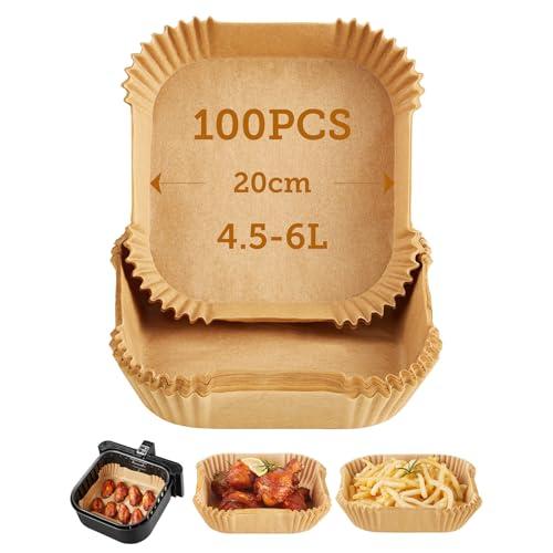 COSORI Carta Forno Per Friggitrice Ad Aria 100 Pezzi, Teglie Per Air Fryer 4,5-6L Quadrati, Antigrasso Antiaderente Fodera in Carta Monouso per Forno, Padelle, Microonde (20cm)