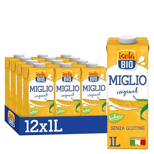ISOLA BIO Bevanda di Miglio Biologica, Senza Zuccheri Aggiunti, 100% Ingredienti Naturali, Senza Glutine, a Basso Contenuto di Grassi, per Vegetariani e Vegani, 12 Confezioni da 1 Litro