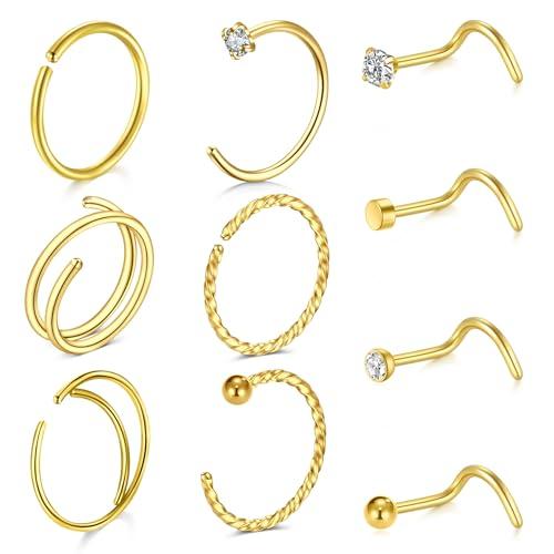 LAURITAMI 20G Piercing Naso acciaio chirurgico piercing naso cerchio Oro C forma S forma anello Piercing Naso Orecchini Piccolo Doppio Piercing Anello Naso per donne uomini,Confezione da 10 pezzi