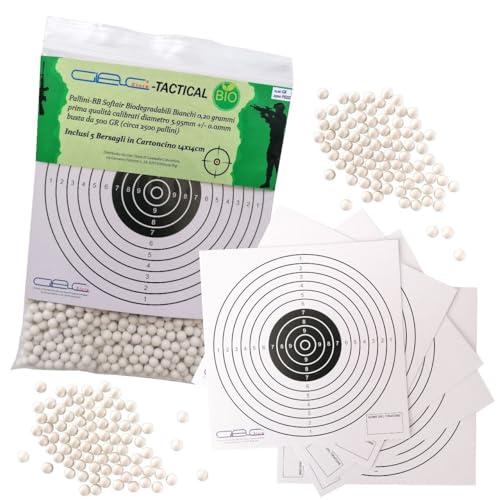 Glac Store® Pallini BB in Busta Biodegradabili Bio 500gr da 6mm per Softair Verdi Bianchi 0,20 0,23 0,25 Grammi con 5 Bersagli in Cartoncino 14x14 (0,20 gr Bianchi 2500 Pezzi)