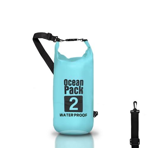 Dry Bag, Borsa Sacca Zaino Impermeabile Waterproof, chiusura a rotolo e tracolla, custodia impermeabile per cellulare e marsupio per Mare Barca Pesca Rafting Spiaggia Sport Acquatici (Light Blue, 2l)