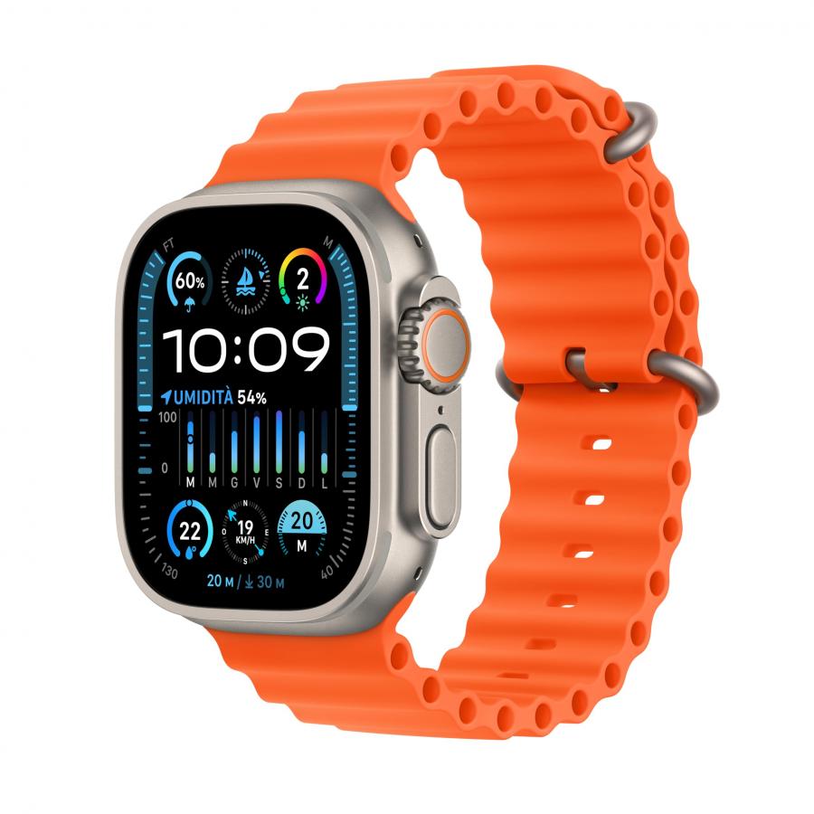 Apple Watch Ultra 2 GPS + Cellular 49mm Smartwatch con robusta cassa in titanio e Cinturino Ocean arancione. Fitness tracker, GPS di precisione, tasto Azione, batteria a lunghissima durata
