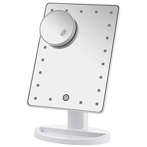 Nestling Makeup Mirror with LED Lights, 21 LED Lights Vanity Cosmetic Mirror with Touch Screen, Magnification Tri-Fold 2X 3X 10X Magnifying, 180° Free Rotation, Dual Power Supply LED Mirror (White)