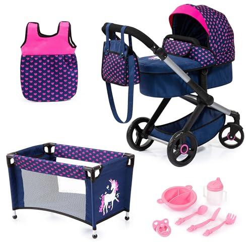 Bayer Design 17054AB carrozzina per bambole, passeggino, con letto, borsa, sacco a pelo e accessori in plastica