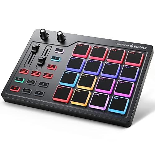 Donner Controller MIDI Pad Drum Pad Macchina, Professional USB Type-C Tastiera Beat Maker con 16 Pad, MIDI out, 2 Fader e Knobs Assegnabili (STARRYPAD MINI, Nero)