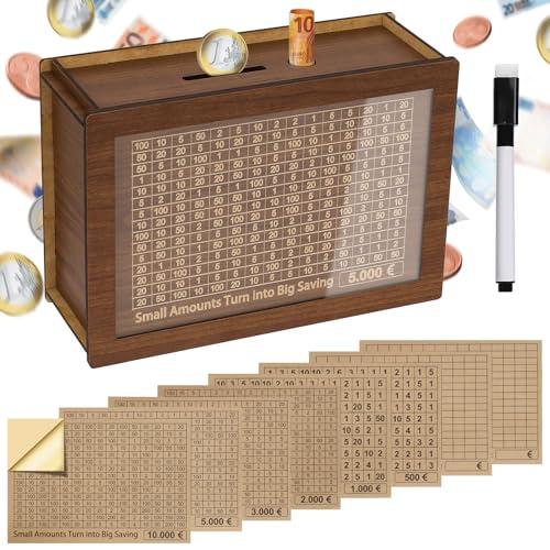 Alyvisun Salvadanaio in Legno, Salvadanaio €5000 con Adesivi e Pennarello, Riutilizzabile Salvadanaio Conta Soldi Cash Box con Obiettivo di Risparmio e Numeri 500€-10000€ per Bambini e Adulti