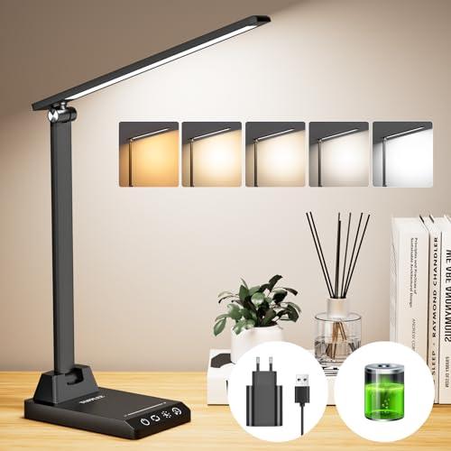Lampada da Tavolo, Lampada da Scrivania con 2500mAh Batteria, Lampada da Tavolo Senza Fili, 5 Modalità di Luce x 10 Livelli di Luminosità, USB Lampada Scrivania, Timer 30/60min Lampada Led da Tavolo